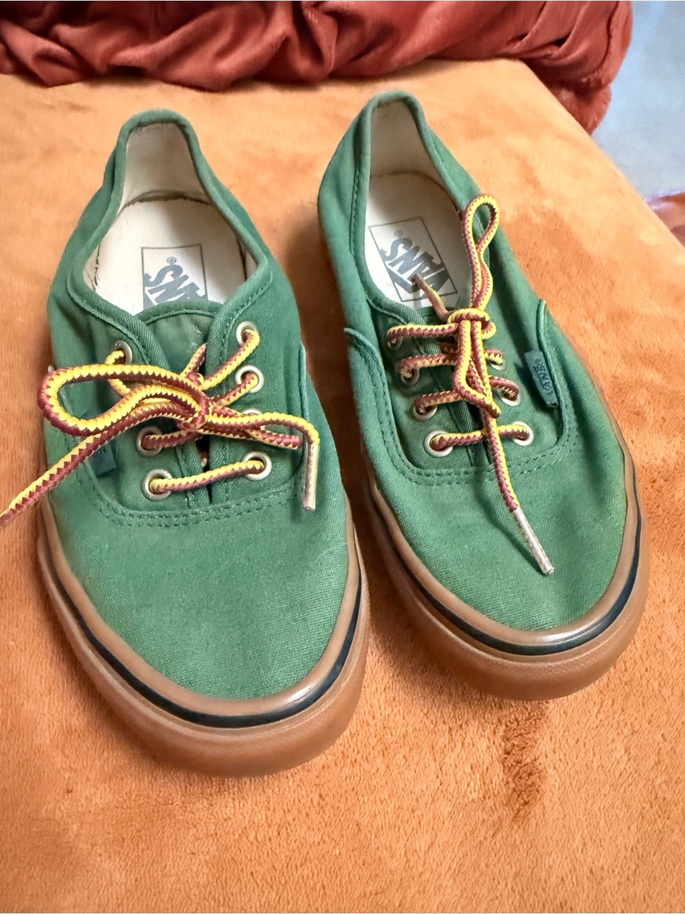 Vans Green Canvas Low-Top Sneakers with Brown Gum Sole and Multicolor Laces